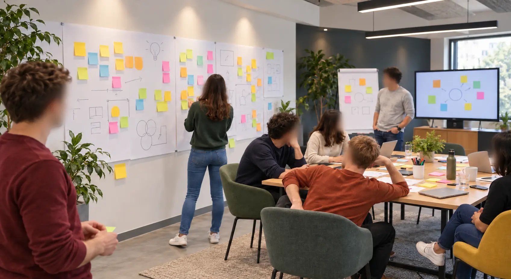 Équipe réunie dans un environnement de travail visuel